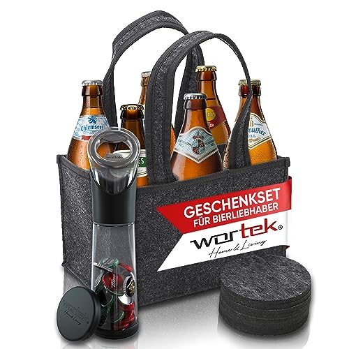 wortek Geschenkset Bier Geschenke für Männer - Männerhandtasche Bier, Flaschenöffner & Untersetzer + 6x bayerische Biere, Bierset Geschenke Männer Geburtstag, Geschenk für Vater Bier Tasting Set