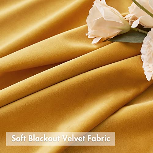 MIULEE Mustard Yellow Velvet Blackout Curtains - 96 Thermal Darkening for Kids' Rooms and Home Theaters (Set of 2)