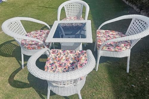 Image of PRATHAM India Patio 4+1 Furniture Set Bistro Set Porch Backyard Garden Outdoor Furniture Rattan Chairs and Table Wicker Conversation Set (White with Black Lines, Multicolor Cushion 4+1 Square Table)