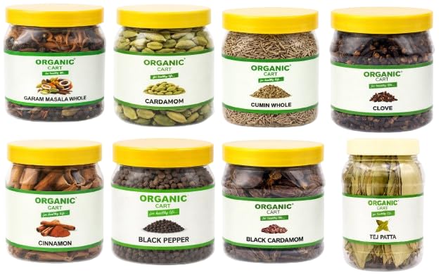 Image of ORGANIC CART Whole Spice Combo Garam Masala 200G, Green Cardamom 50G, Cumin Seeds 100G, Clove 75G, Cinnamon 50 Gr, Black Cardamom 50 Grams, Bay Leaf 100G, Black Pepper 75G