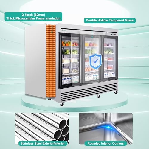 Image of COOLCHEF 81 inch Commercial Glass Door Refrigerator, 72 Cu.Ft Triple-Door Reach-In Cooler, 33-40℉, Triple-Layer Low-E Glass, 12 Shelves, R290