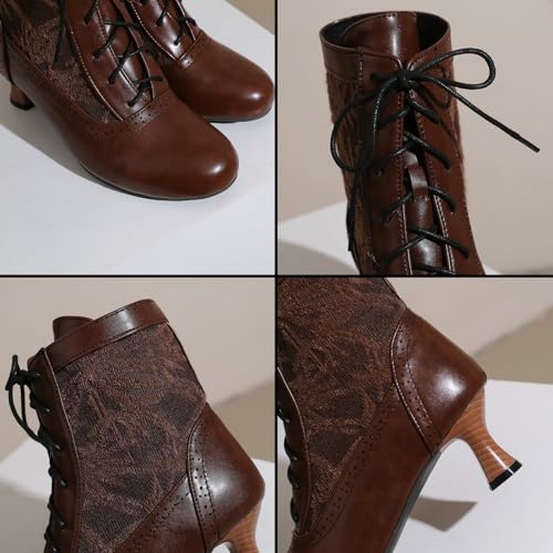 Women's Leather Lace up Victorian Kitten Heel Ankle Boots Comfortable Round Toe Embroidered Breathable Non Slip Vintage Booties for Party Prom Evening Witch Boots3
