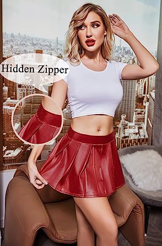 Avidlove Short Skirts Lingerie Pleated Leather Skirt Leather Lingerie Skirt Cosplay Lingerie Dark Red #TOP1