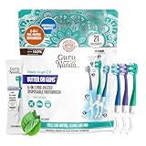 GuruNanda 6-in-1 Ready-to-Go Disposable Toothbrush, Pre-Pasted Butter on Gums Softex Bristles, Floss & Toothpick, Tongue & Cheek Cleaner, Individually Wrapped & TSA Friendly, 21 Ct