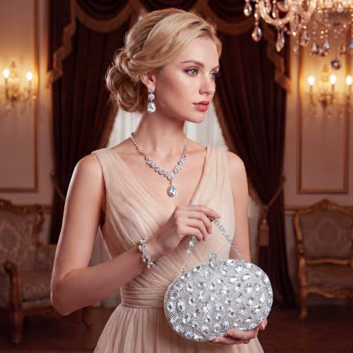 Image of Quelay 4 Pcs Purse Rhinestone Jewelry Set for Wedding Bridal Women Evening Clutch Bag Necklace Dangle Earrings Bracelets