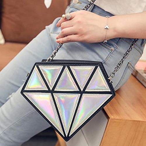 Laser Diamond Shape Evening Shoulder Bag PU Leather Chain bag for Girls, Silver, 18cm4