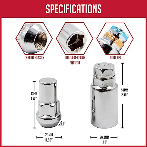Wheel Accessories Parts 5 Locks + Key M14 1.5 14X1.5 Thread Closed End Bulge 1.38" Long Locking Wheel Lug Nuts Lock Chrome Dual Hex Key 13/16" And 3/4" Fits Most 2018+ Jeeps #TOP2