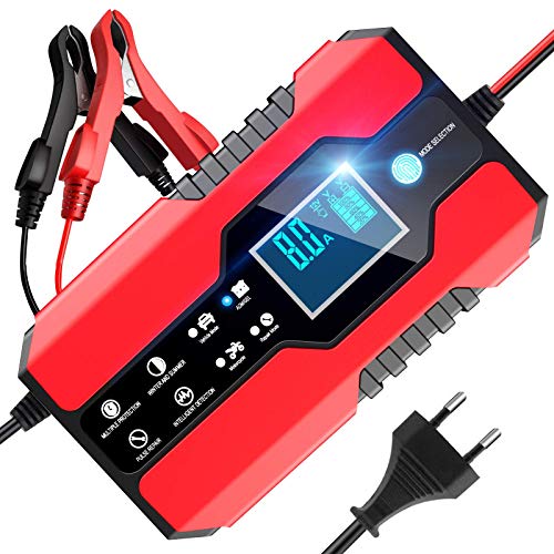 8A 12V/24V Cargador de Batería de Vehículo Inteligente Reparación Mantenimiento Batería Autos o Motos Función Vehículo Múltiples Modos y Protección con Pantalla LCD Batería de Plomo-ácido (Rojo)