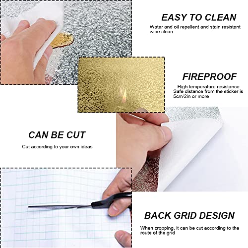 Kitchen Backsplash Wallpaper, 15.7'' X 196.8'' Aluminum Foil Stickers Contact Paper, Self-Adhesive Oil Proof Heat Resistant Wall Sticker For Countertop Drawer Shelf Liners (Gold) #TOP2