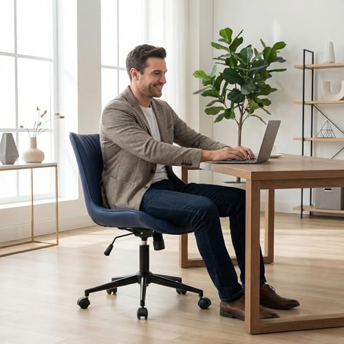 Image of YOUTASTE Navy Blue Office Chair, Faux Leather Armless Desk Chair with Wheels, Height Adjustable, Swivel, Rocking, 300 lbs Capacity, Metal Base, for Home Office Vanity, Purple
