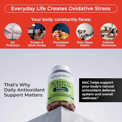 Image of Health Veda Organics N-Acetyl L-Cysteine (NAC) 600 mg | 60 Veg Tablets (Pack of 2) | Lung, Respiratory Support & Antioxidant Supplement