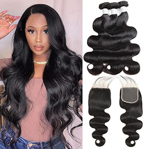 10A Body Wave Human Hair Bundles with Closure Brazilian Body Wave Bundles with Closure Human Hair 100% Unprocessed Virgin Hair Weave 3 Bundles with Lace Closure Free Part(201816+14)