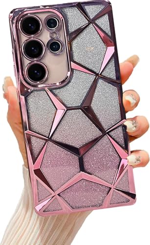 Image of VONZEE Gradient Glitter Case for Samsung S25 Ultra, Luxury Electroplated 3D Cube, Diamond Bling Shiny Soft TPU Clear Shockproof Women Girls Protective Phone Cover (Rose Gold)