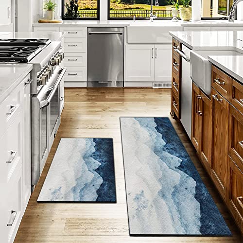 Blue Anti-Fatigue Kitchen Mats Set Of 2 Watercolor Mountain Kitchen Rugs Farmhouse Kitchen Floor Mat Washable Kitchen Rug Non Skid Comfort Standing Mat Set For Sink Laundry, 17.3X28+17.3X47 Inch #TOP1