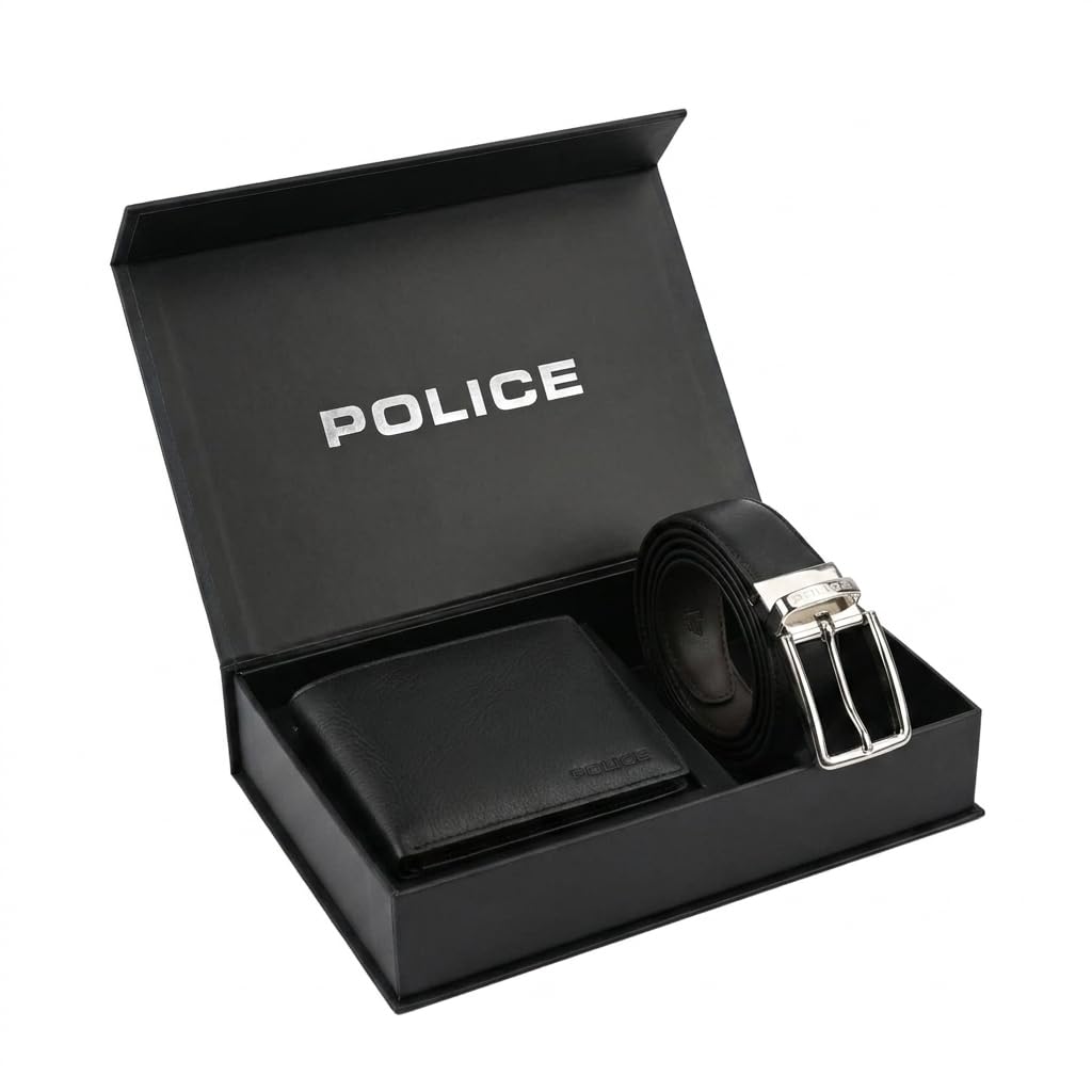 Police Cofanetto Regalo Uomo, Portafoglio e Cintura Reversibile, In Vera Pelle