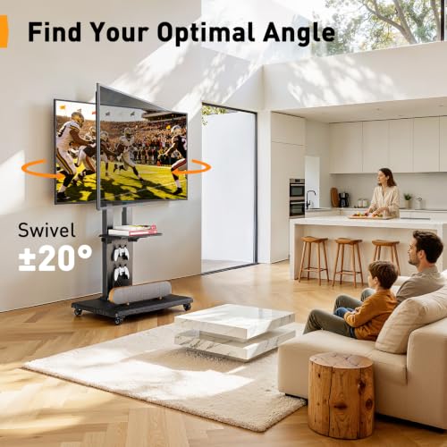 Image of Perlegear Rolling TV Stand for 32 inch-86 inch TVs up to 132 lbs, Outdoor TV Stand with Pegboard Storage & Quiet Wheels, Swivel & Height Adjustable Mobile TV Cart with Wood Shelf, Max VESA 600x400mm, PGTVC34B