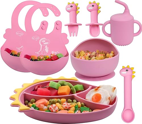 Image of KAVONOI Baby Feeding Utensils Set，Baby Led Weaning Supplies Baby Silicone Suction plate and bowl set, Toddler Self Feeding Dish with Spoons Forks Sippy Cup And Adjustable Bib for 6+ Months-Pink