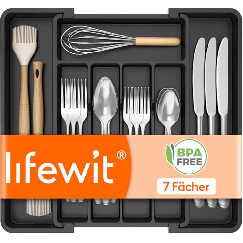 Lifewit Besteckkasten für Schubladen 30 40, Kunststoff Besteckeinsatz (Tiefe 32 cm), erweiterbare Besteckschublade Einsatz, Schubladen Organizer Küche für Besteck, Cutlery, Geschirr, Löffel, Schwarz