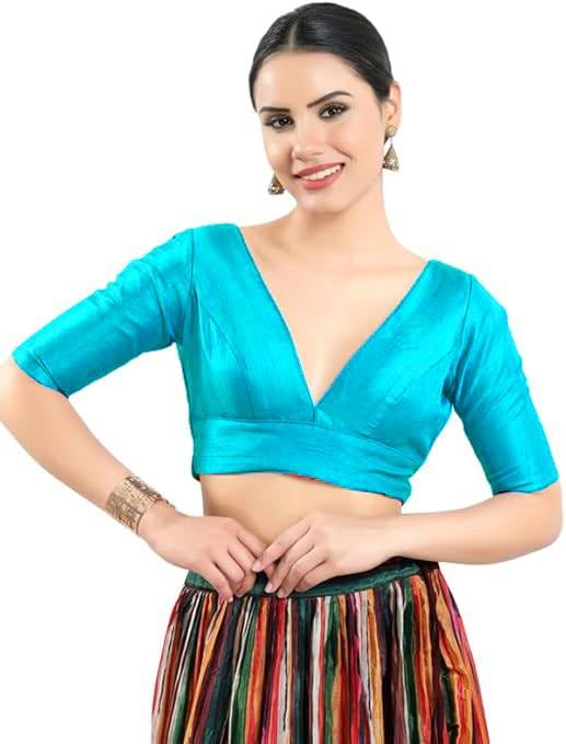 Image of Dupion Silk Solid Non Padded Saree Blouse Top V-Neck Short Sleeves Hook and Eye Closure and Tie-Up Back Choli