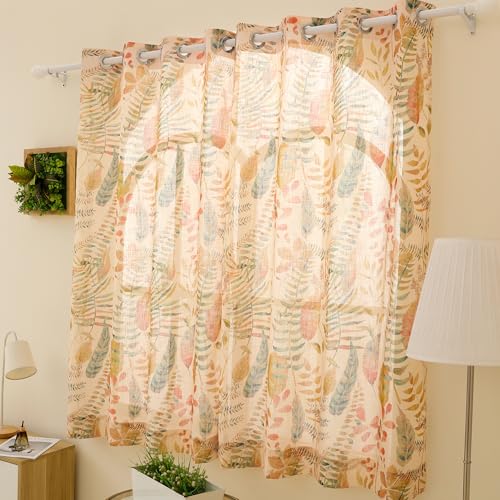 Image of Story@Home Window Curtains 5 Feet Long Set of 1 | Leaf Printed | Semi Transparent Curtain | Net Curtains | Sheer Curtain for Living Room | (118 X 152 Cm, Cream & Orange) | Perfect for Home Decor