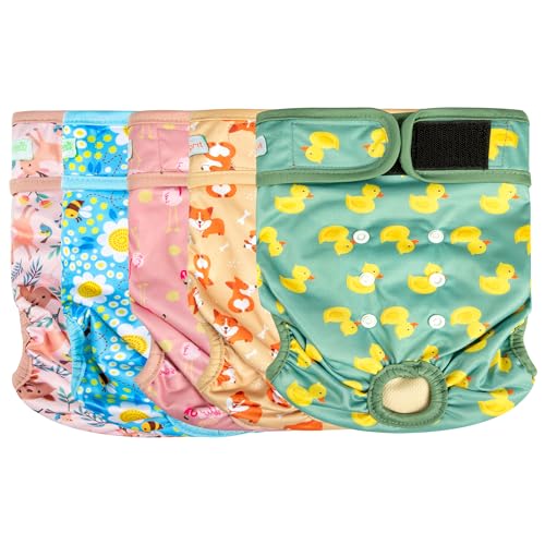 Image of Langsprit Female Dog Diapers for Doggie Puppy,Reusable Dog Period Diapers Female for Heat Peeing,Small Medium Large Doggy Diaper Washable,Dogs Pants 5 Pack, Duck, X-Large