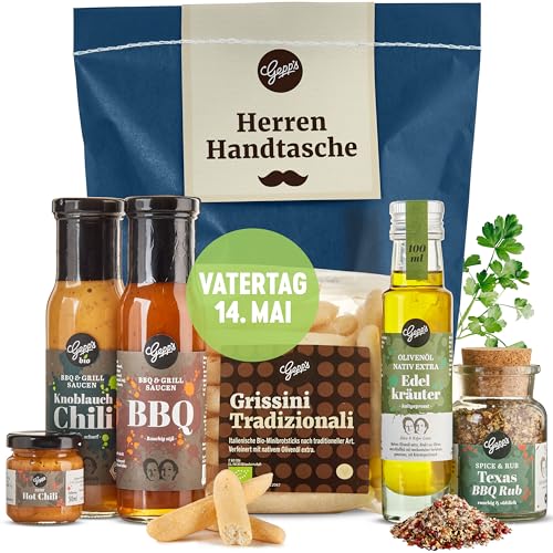 Gepp’s Feinkost Herrenhandtasche I Lustiges Männergeschenk gefüllt mit Delikatessen wie Knoblauch-Chili-Sauce, Edelkräuter-Olivenöl, Texas BBQ Rub I...