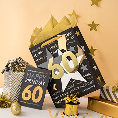 Image of Loveinside Birthday Gift Bag with Tissue Paper and Greeting Card for 60 Birthday - 13 inch x 10 inch x 5 inch, 1 Pcs, Black Gold