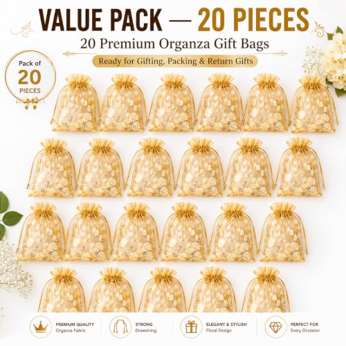 Image of XCLUSY 20PCS (23X30CM)(9x12 inchINCH) Potli Bags for Gifting Big Size - Multipurpose Wedding Return Gift Bags | Party Favour, Birthday, Anniversary, Festive Packing Pouches | Organza, Cloth, Brocade, Fancy Luxury Goodie Bags (9x12 Inch GOLDEN, 1 Count(Pack of 20))