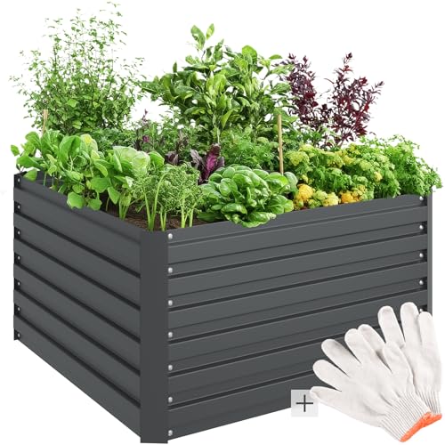 tectake® Hochbeet Metall, Hochbeete-Kit für Beet, Hochbeet Garten, wetterfest, Pflanzkasten, Kräuterbeet, Frühbeet, Gemüsebeet, Pflanzenbeet, zur Anzucht, als Blumenkasten - 540l, 100 x 100 x 56 cm