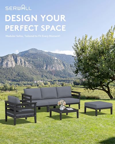 Image of SERWALL HDPE Patio Furniture Set, 6 Pieces Outdoor Sectional Sofa Set | All-Weather Wood-Like Outdoor Sofa Couch with Coffee Table, Modular Design for Flexible Combination