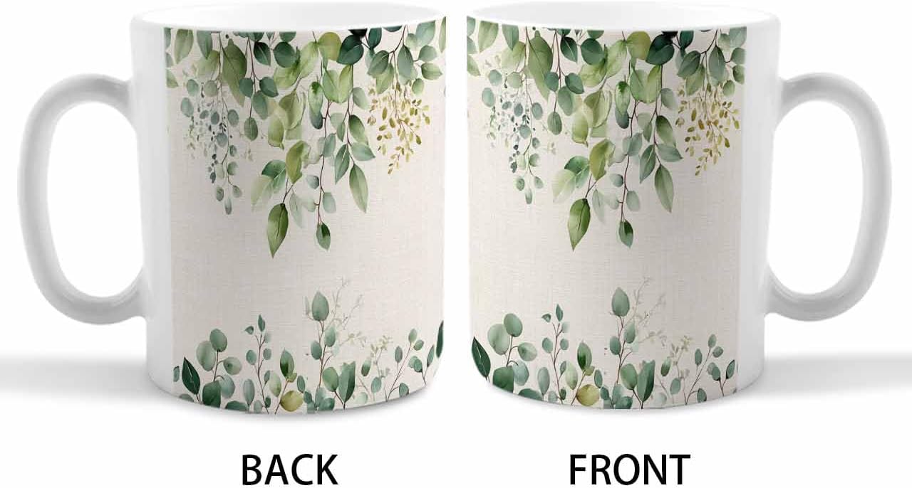 BEMIGO Ceramic Coffee Mug Spring Eucalyptus Leaf Ceramic Mug White Cup, Vintage Country Insulated Coffee Cup with Handle with Pattern Perfect for Tea and Hot Beverages, 12oz