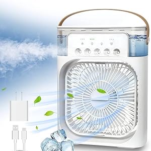 Portable Air Cooler, Mini Evaporative Fan with 7 Colour LED Light, 1/2/3 Hour Timer, 3 Wind Speeds, 3 Spray Modes for Office, Home, Dorm