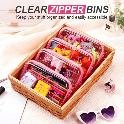 Image of Hoolerry 4 Pcs Pink Bow Clear Hard Zipper Case Cute Coquette Makeup Bags for Women Plastic Transparent Storage Pouch Toiletry Organizers for Travel, Cosmetics, Crafts, Nail Art Supplies