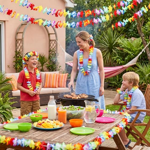 Image of 8 Pack JOVITEC Lei Hawaiian Flowers Garland 20 Feet Each Tropical Multicolor Tropical Flower Lei Garland Flower Leaves Banner for Home Hawaiian Luau Decorations
