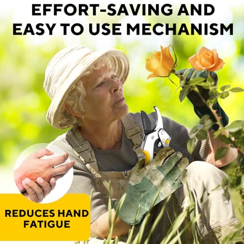 Image of Ratchet Pruning Shears for Gardening Heavy Duty - Increases Cutting Power 3x - Perfect Ratchet Pruners for Weak Hands & Arthritis - 8 inch Anvil Garden Clippers - Sharp Blade for Effortless Cutting-Yellow