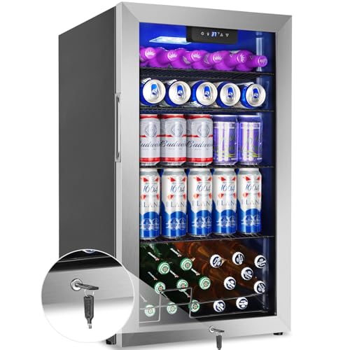 Image of Beverage Refrigerator Mini Fridge 128can Stainless Glass Door Lock Home | 36dB Quiet Reversible Door,Digital Thermostat 34-64℉,Auto Defrost,Kitchen Entertaining Home Bar,Compact LED,Adjustable Shelf