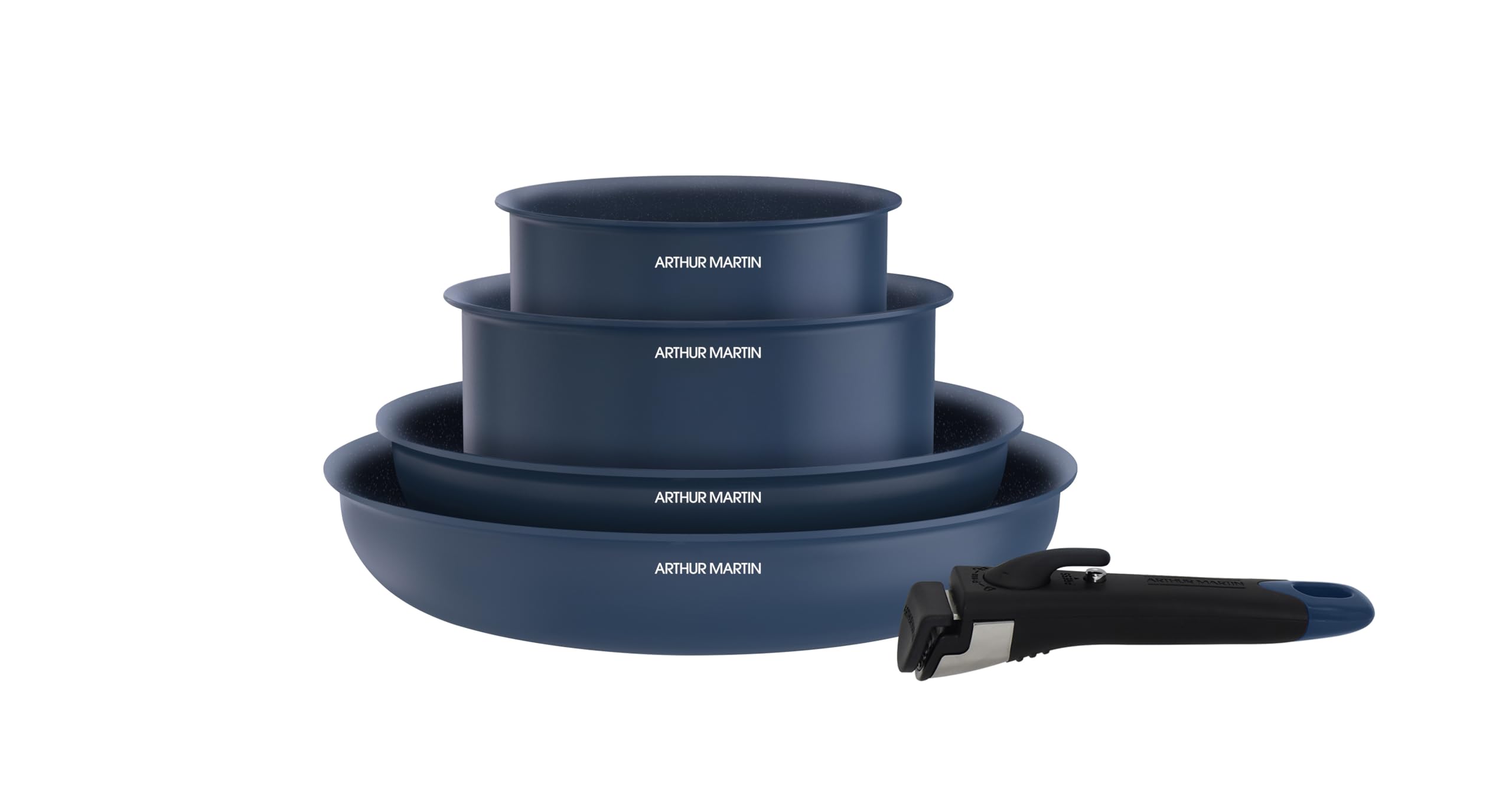 Arthur Martin - Batterie de Cuisine 5 Pièces en Aluminium 2,​5 mm avec Revêtement Céramique, Poêles 22-​26 cm et Casseroles 16-​18 cm, Poignée Effet Bois, Tous Feux, Bleu