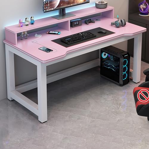 FXLKLUXE パソコンデスク pcデスク 棚付き 超高耐荷重 カーボンファイバー調のデスクトップ 傷に強くお手入れ簡単 省スペース ダブルコンピューターデスク ネジ穴付き 組み立て簡単 リビングルーム、寝室、書斎などに最適です(ホワイト+ピンク,130