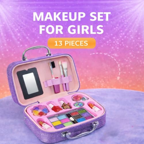 Image of PLUSPOINT Kids Makeup Kit Bag for Girl, Washable Makeup Set for Girls, Real Makeup for Kids, Girl Toys Princess Children Play Makeup Kit with Cosmetic Case Birthday Gifts for Girls Age 4 Year+