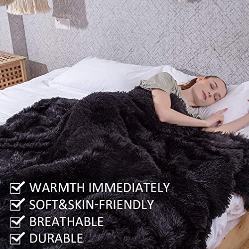 YUSOKI Twin Size Faux Fur Throw Blanket(Black,60" x 80"),Whithout Pillows,Winter Lightweight Plush Fuzzy Soft Cozy Microfiber Comfy Bed Blanket for Women Kids Girls Couch Sofa Washable