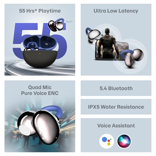 Image of truke TruClips Wireless Open Ear Buds with 55H Battery, 12mm Custom Drivers, Spatial Audio, Premium Leather Dual Form Design, Low Latency, Quad Mic ENC, Ambient Awareness, IPX5 - OnyxBlue