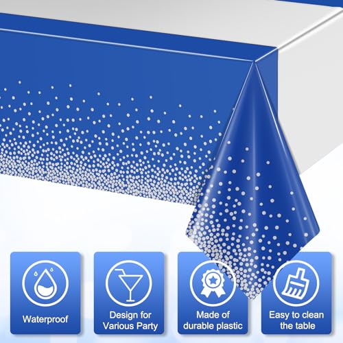 Image of 3Pcs Blue and Silver Tablecloth Party Decorations,Plastic Royal Blue Table Cloth Printed Silver Table Runner Disposable Rectangle Tables Cover for Anniversary Wedding Graduation 2025 Party,54x108 Inch