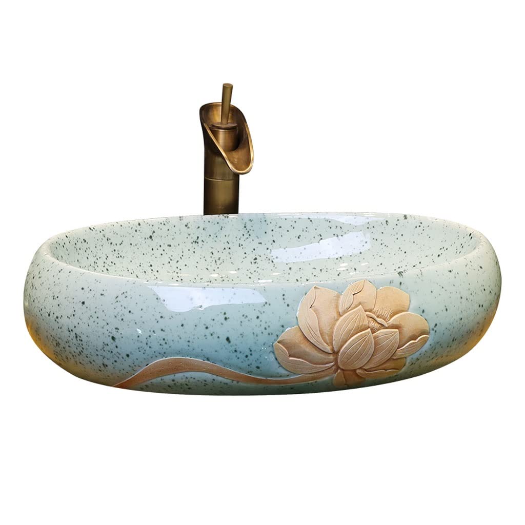 ADERFETBI Bathroom Sink Bathroom Vessel Sink Oval Ceramic Washbasin Lotus Pattern Art Countertop Basin Utensils with Faucet
