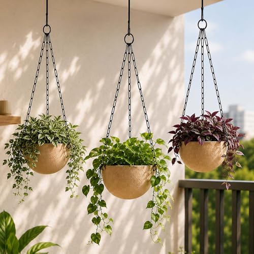 Image of Go Hooked Henri Hanging Planter Pot for Indoor & Outdoor Plants Pack of 3 | 7 Inch Plastic Hanging Pots with Metal Chain | Decorative Round Hanging Planter for Balcony, Garden & Home Decor (Sandstone)