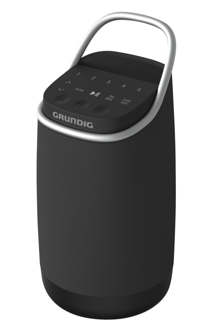 Grundig Głośnik Bluetooth GBT Band 360, głośnik muzyczny, dźwięk 360°, 12 W RMS, zasięg do 30 m, czas pracy baterii do 19 godzin, radio DAB+ i FM, wejście AUX, monochromatyczny wyświetlacz OLED,