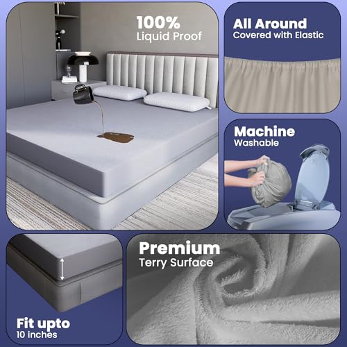 Image of CareFoam 100% Waterproof Premium Cotton Mattress Protector | Breathable and Hypoallergenic Ultra Soft Fitted Bed Protector | California King 84 x 78 Inch, Fits 10 Inch Grey | Oversized Luxury beds