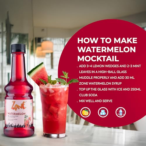 Image of Zone Watermelon Syrup 300ml | Refreshing Pure Watermelon Flavour for Mocktails, Cocktails, Lemonades & Sodas | Premium Taste, Non Alcoholic, More Servings For Professional & Home Use | 12+ Flavours