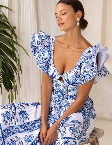 FLAXMAKER Ruffle Blue and White Porcelain Pattern Majolica Print One Piece Swimsuit and Skirt/Sarong3