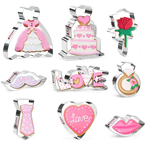 KAISHANE 9PCS Valentines Day Cookie Cutters Set - Wedding Cookie Cutters Set with Biscuit Pastry Cutters Stainless SteelHeart Lips Ring Wedding dress cake tie Love Moustache Rose