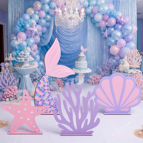 Amyhill 4 Pcs Large Under The Sea Mermaid Party Decorations Summer Ocean Theme Birthday Party Decor Mermaid Coral Shell Wooden Stand Decor for Vbs Classroom Centerpieces Photo Booths Props